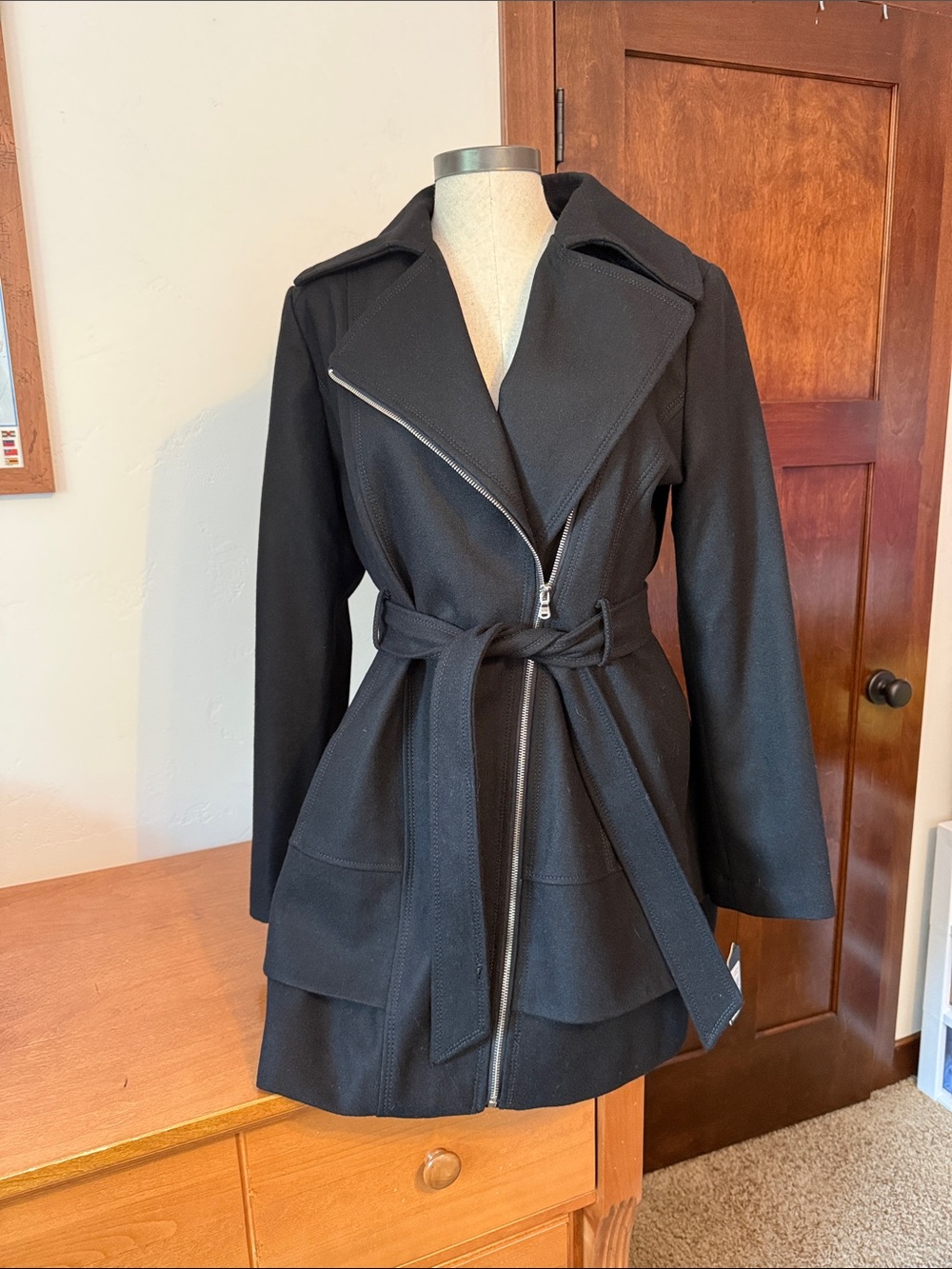 Women's Black Belted Wool Pea Coat with Zip Front